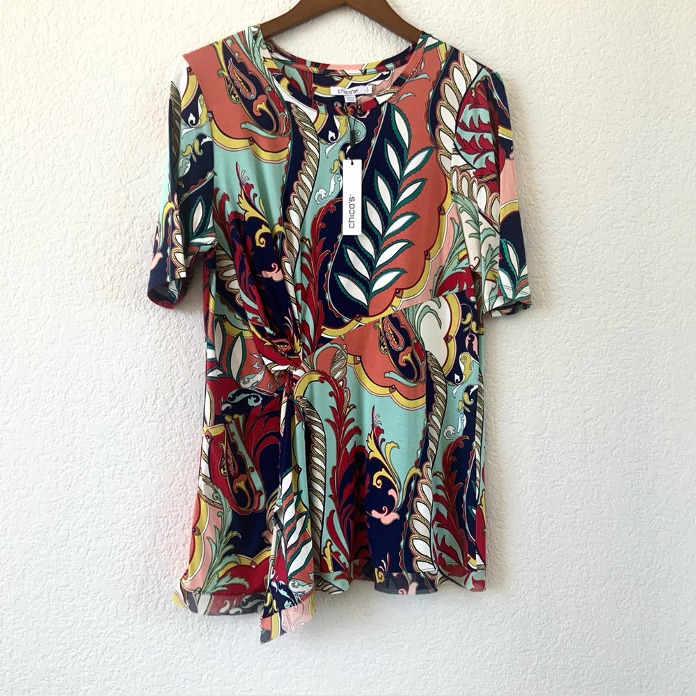 Chico's Multicolor Art Nouveau Short Sleeve Blouse, Sz L